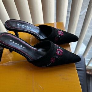 Parade Black Pointed Mule Heels with Pink Floral Embroidery